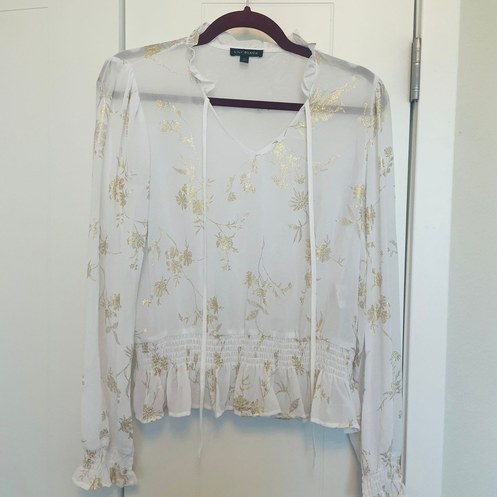 Free People Sheer White Blouse with Gold Floral Design